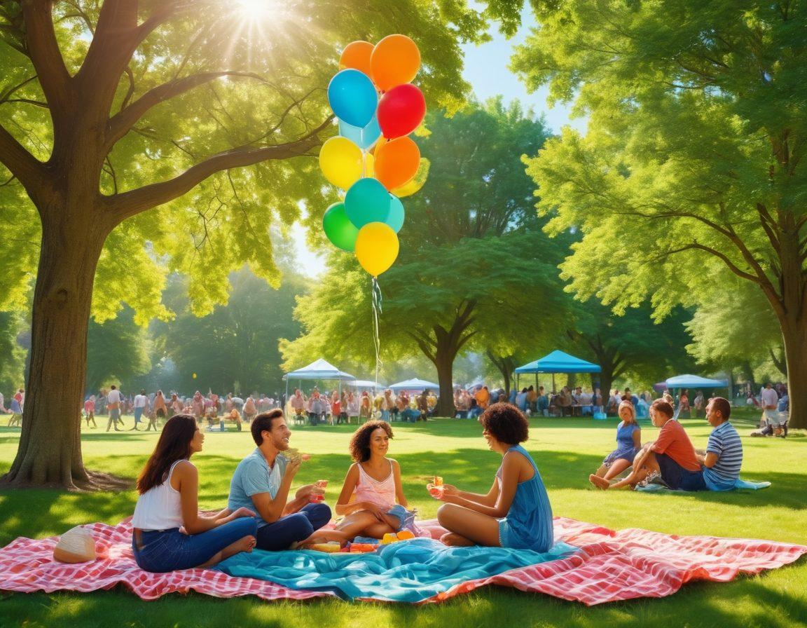 A vibrant scene depicting a diverse group of people joyfully gathering in a sunny park, engaging in various activities like picnicking, dancing, and sharing stories. Incorporate bright colors, balloons, and picnic blankets to evoke a sense of togetherness and happiness. Include lush green trees and a clear blue sky that enhance the feeling of community. The atmosphere should radiate warmth and joy, inviting viewers to feel the blissful lifestyle. vibrant colors. super-realistic. sunny atmosphere.