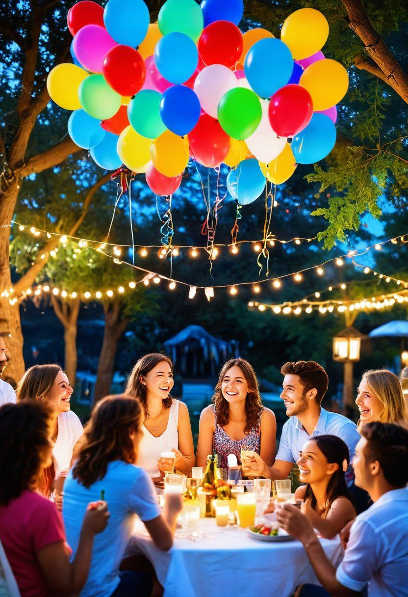 A lively outdoor gathering filled with diverse people sharing laughter and joy, under a bright blue sky adorned with colorful balloons and twinkling fairy lights. Cups of colorful drinks in hand, they engage in warm conversations, surrounded by nature's greenery. The atmosphere radiates happiness and positive energy, inviting viewers to feel the elation of togetherness. vibrant colors. super-realistic.