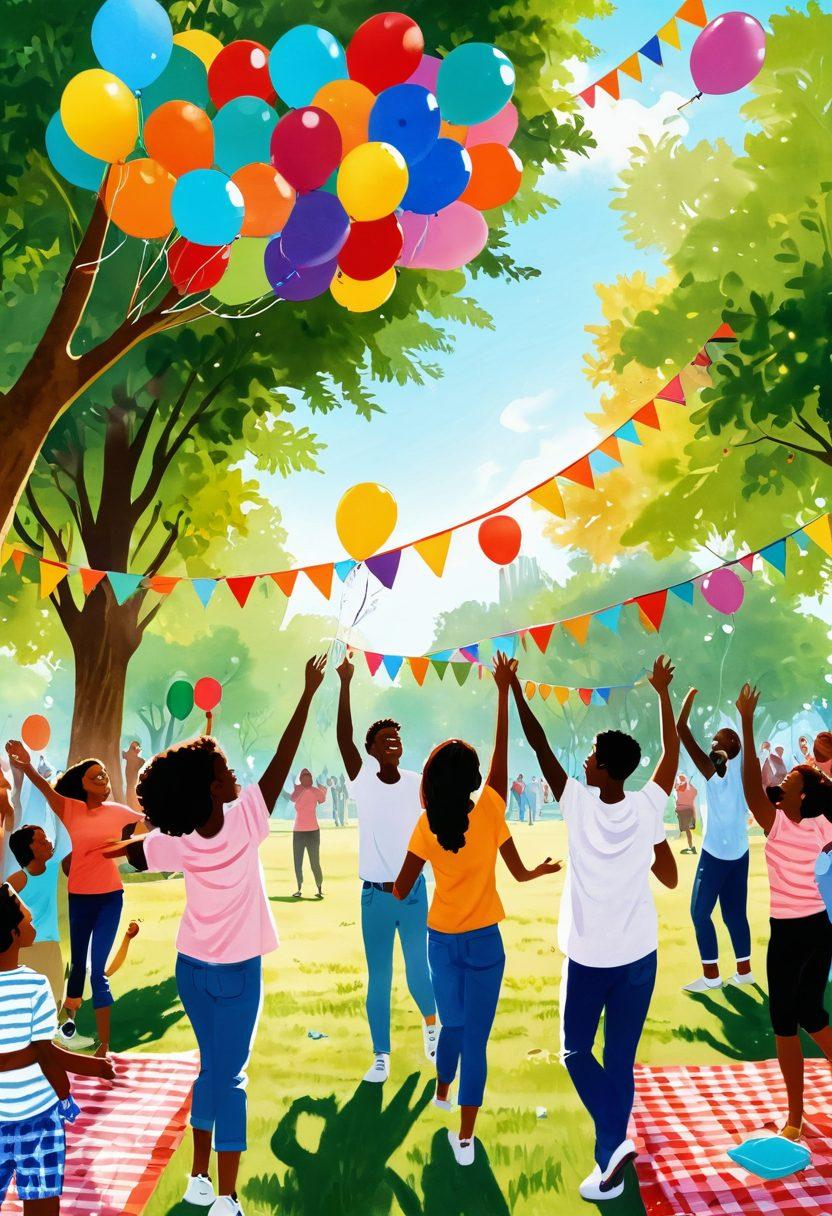 A joyful scene of diverse people celebrating together in a vibrant park, surrounded by colorful decorations and festive elements like balloons, streamers, and picnic setups. Include smiles, laughter, and shared activities like dancing and playing games, with warm sunlight filtering through lush trees. Emphasize unity and happiness in their expressions, capturing a sense of community and togetherness. Illustration style: bright colors, watercolor painting, cheerful and uplifting.